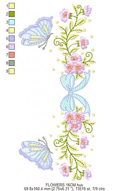 Flowers with lace embroidery designs - Roses with butterfly Divider Line machine pattern - Floral Kitchen towel - Instant digital download