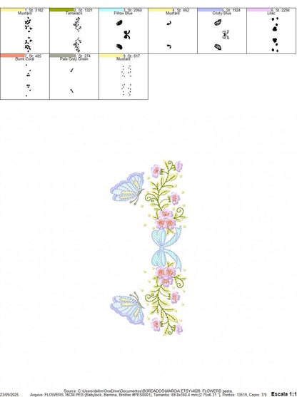 Flowers with lace embroidery designs - Roses with butterfly Divider Line machine pattern - Floral Kitchen towel - Instant digital download