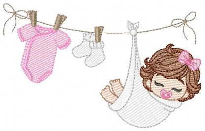 Baby girl with clothes line embroidery designs - Newborn machine embroidery pattern - Gender Reveal Party - Instant digital download pes jef