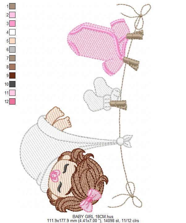 Baby girl with clothes line embroidery designs - Newborn machine embroidery pattern - Gender Reveal Party - Instant digital download pes jef