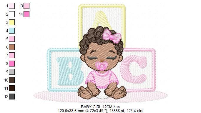 Baby girl embroidery designs - Newborn with pacifier machine embroidery pattern - Girl with black curly hair - Instant digital download pes