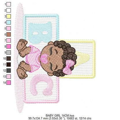 Baby girl embroidery designs - Newborn with pacifier machine embroidery pattern - Girl with black curly hair - Instant digital download pes