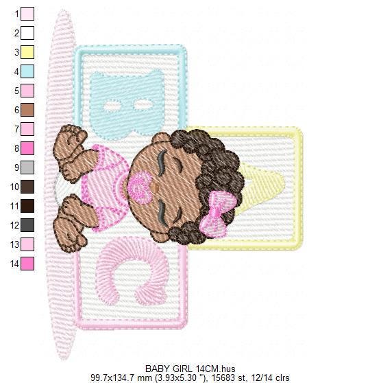 Baby girl embroidery designs - Newborn with pacifier machine embroidery pattern - Girl with black curly hair - Instant digital download pes
