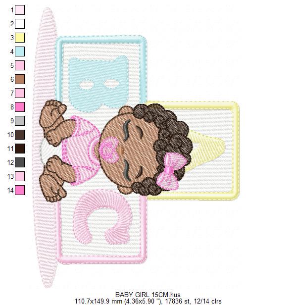 Baby girl embroidery designs - Newborn with pacifier machine embroidery pattern - Girl with black curly hair - Instant digital download pes