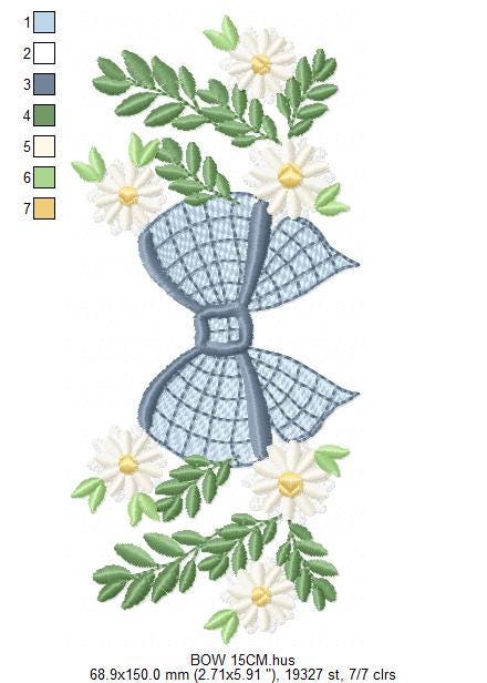 Flowers with lace embroidery designs - Blue Bow with daisies machine embroidery pattern - Floral Kitchen towel - instant digital download