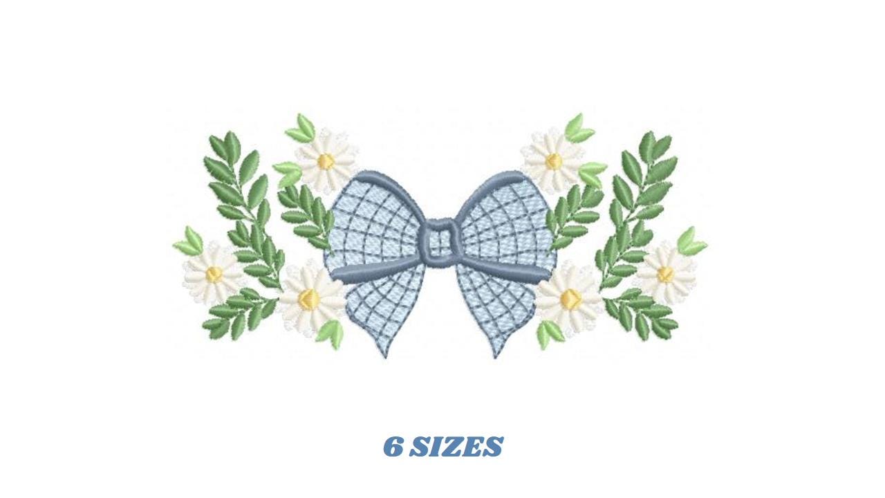 Flowers with lace embroidery designs - Blue Bow with daisies machine embroidery pattern - Floral Kitchen towel - instant digital download