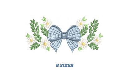 Flowers with lace embroidery designs - Blue Bow with daisies machine embroidery pattern - Floral Kitchen towel - instant digital download