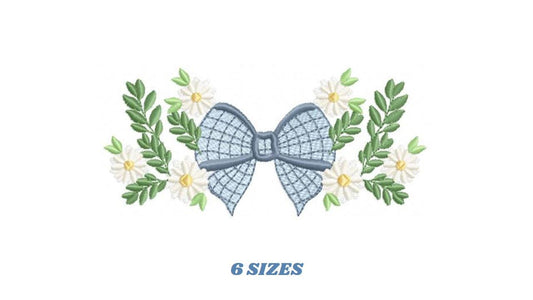 Flowers with lace embroidery designs - Blue Bow with daisies machine embroidery pattern - Floral Kitchen towel - instant digital download