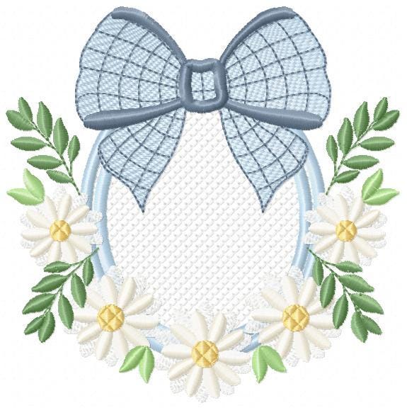 Flowers with lace embroidery designs - Plaid Bow with daisies machine embroidery pattern - Floral Kitchen towel - instant digital download