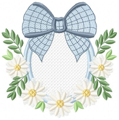 Flowers with lace embroidery designs - Plaid Bow with daisies machine embroidery pattern - Floral Kitchen towel - instant digital download