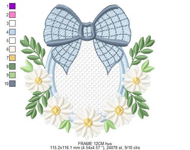 Flowers with lace embroidery designs - Plaid Bow with daisies machine embroidery pattern - Floral Kitchen towel - instant digital download