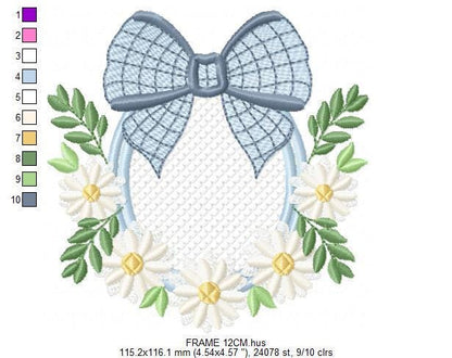 Flowers with lace embroidery designs - Plaid Bow with daisies machine embroidery pattern - Floral Kitchen towel - instant digital download
