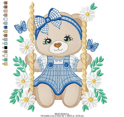 Female Bear embroidery designs - Baby girl teddy bear machine embroidery pattern - Bear with plaid blue lace and daisies - Instant download
