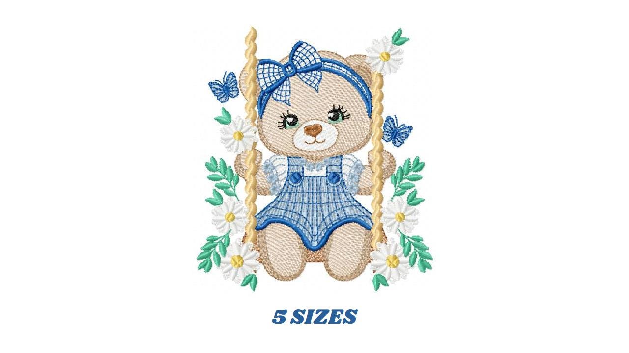 Female Bear embroidery designs - Baby girl teddy bear machine embroidery pattern - Bear with plaid blue lace and daisies - Instant download