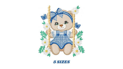 Female Bear embroidery designs - Baby girl teddy bear machine embroidery pattern - Bear with plaid blue lace and daisies - Instant download