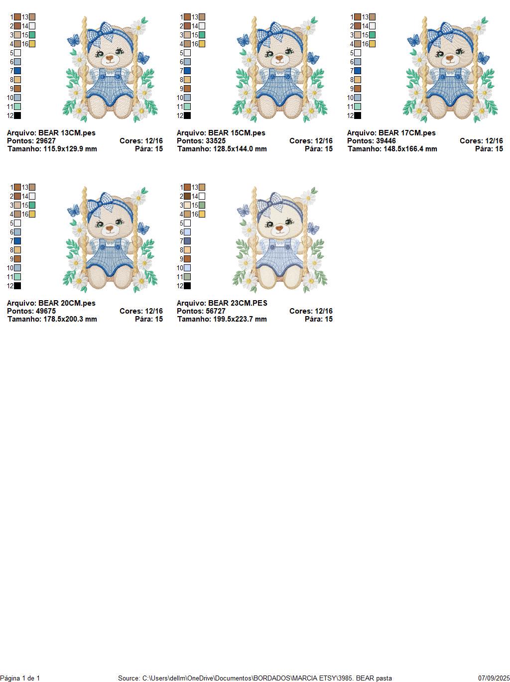 Female Bear embroidery designs - Baby girl teddy bear machine embroidery pattern - Bear with plaid blue lace and daisies - Instant download