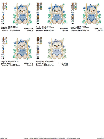 Female Bear embroidery designs - Baby girl teddy bear machine embroidery pattern - Bear with plaid blue lace and daisies - Instant download
