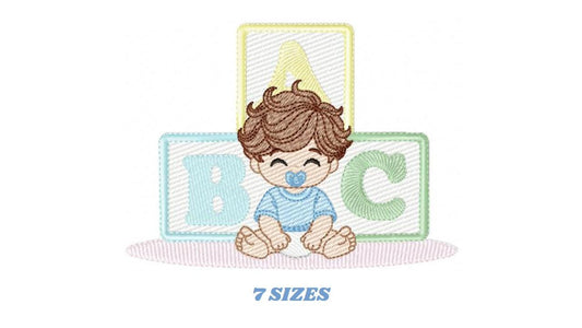 Baby boy embroidery designs - Newborn with pacifier machine embroidery pattern - Boy with brown wavy hair - Instant digital download pes