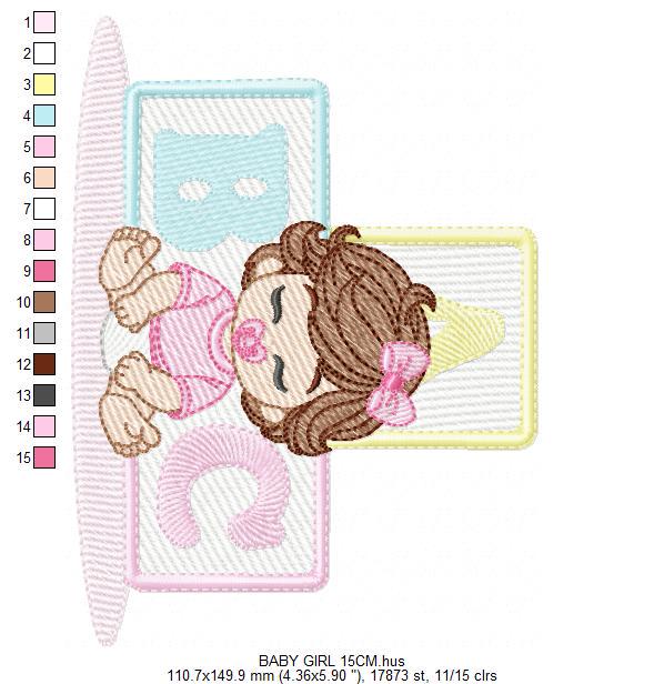 Baby girl embroidery designs - Newborn with pacifier machine embroidery pattern - Girl with wavy brown hair - Instant digital download pes