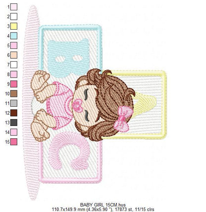 Baby girl embroidery designs - Newborn with pacifier machine embroidery pattern - Girl with wavy brown hair - Instant digital download pes
