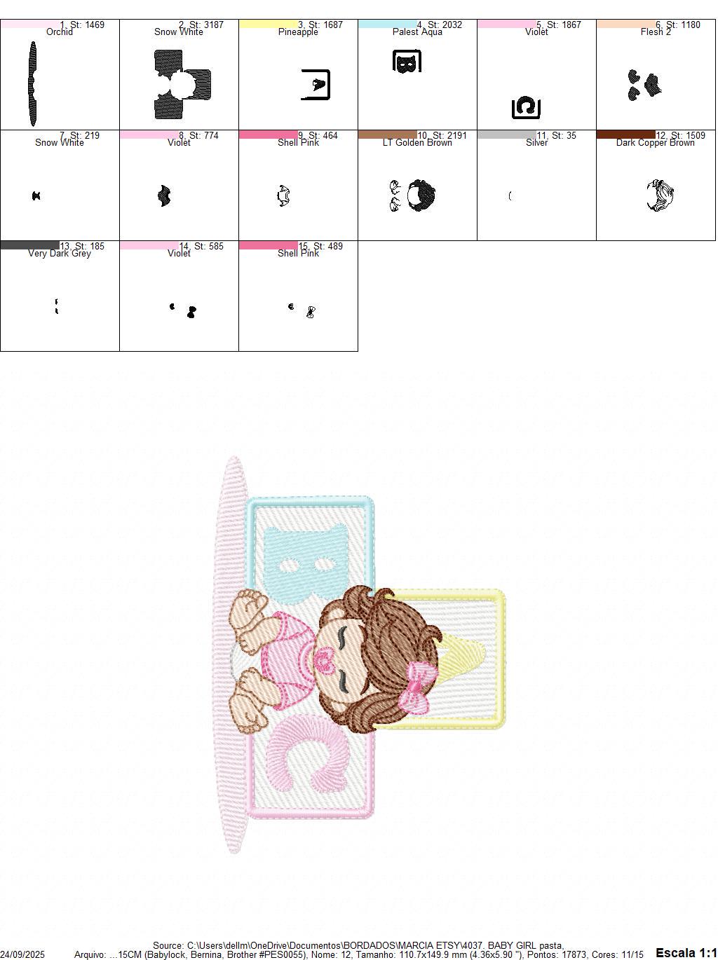 Baby girl embroidery designs - Newborn with pacifier machine embroidery pattern - Girl with wavy brown hair - Instant digital download pes