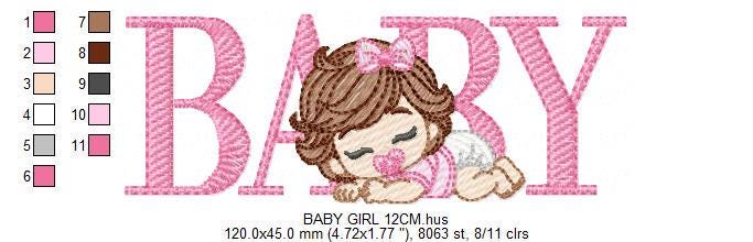 Baby girl embroidery designs - Newborn with pacifier and diaper machine embroidery pattern - Princess wavy brown hair - Instant download pes