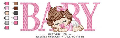 Baby girl embroidery designs - Newborn with pacifier and diaper machine embroidery pattern - Princess wavy brown hair - Instant download pes