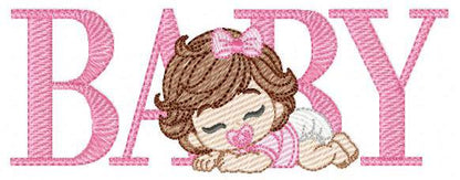 Baby girl embroidery designs - Newborn with pacifier and diaper machine embroidery pattern - Princess wavy brown hair - Instant download pes