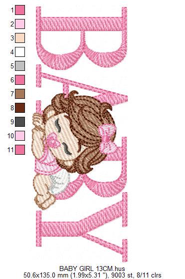 Baby girl embroidery designs - Newborn with pacifier and diaper machine embroidery pattern - Princess wavy brown hair - Instant download pes