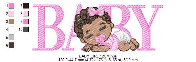 Baby girl embroidery designs - Newborn with pacifier and diaper machine embroidery pattern - Princess black curly hair - Instant download