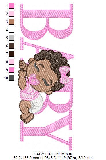 Baby girl embroidery designs - Newborn with pacifier and diaper machine embroidery pattern - Princess black curly hair - Instant download