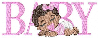 Baby girl embroidery designs - Newborn with pacifier and diaper machine embroidery pattern - Princess black curly hair - Instant download