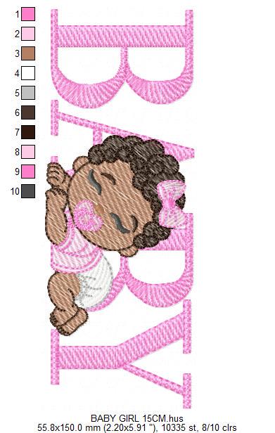 Baby girl embroidery designs - Newborn with pacifier and diaper machine embroidery pattern - Princess black curly hair - Instant download