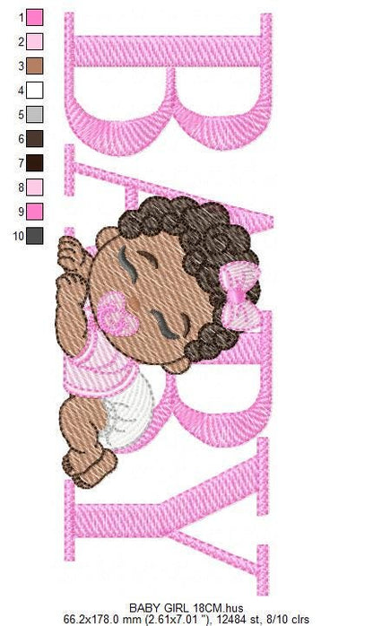 Baby girl embroidery designs - Newborn with pacifier and diaper machine embroidery pattern - Princess black curly hair - Instant download