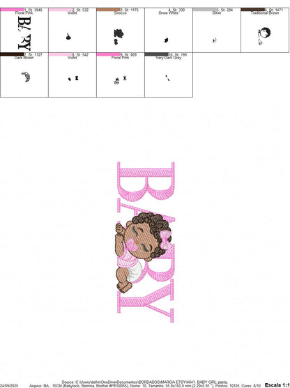 Baby girl embroidery designs - Newborn with pacifier and diaper machine embroidery pattern - Princess black curly hair - Instant download