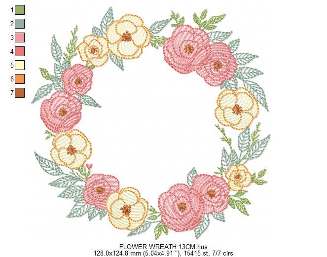 Flower Wreath embroidery designs - Floral Frame machine embroidery pattern - Kitchen Tea Towel file - Instant digital download pes jef dst