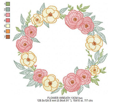 Flower Wreath embroidery designs - Floral Frame machine embroidery pattern - Kitchen Tea Towel file - Instant digital download pes jef dst