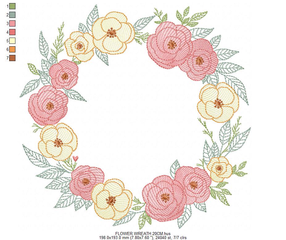Flower Wreath embroidery designs - Floral Frame machine embroidery pattern - Kitchen Tea Towel file - Instant digital download pes jef dst