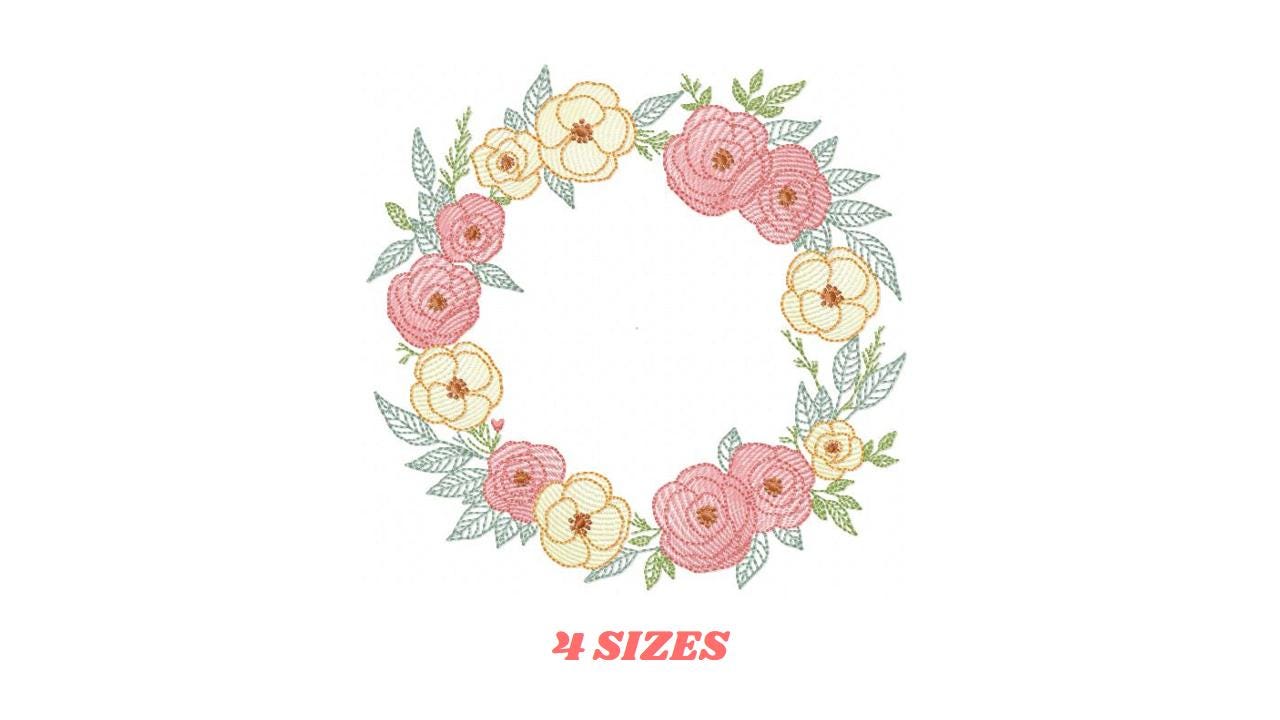 Flower Wreath embroidery designs - Floral Frame machine embroidery pattern - Kitchen Tea Towel file - Instant digital download pes jef dst
