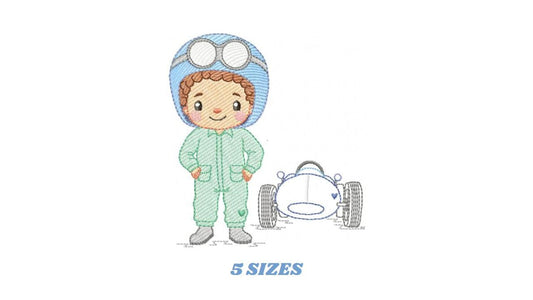 Baby Boy with F1 car embroidery designs - Toddler playing machine embroidery pattern - Boy with cap - Instant digital download pes jef dst
