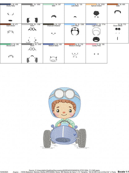 Baby Boy with F1 car embroidery designs - Toddler playing machine embroidery pattern - Boy with cap - Instant digital download pes jef dst