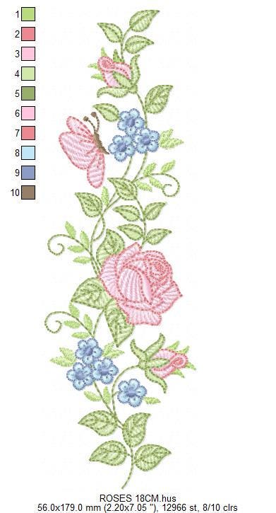 Roses embroidery designs - Flowers with butterflies machine embroidery pattern - Floral Divider Kitchen towel - Instant digital download pes