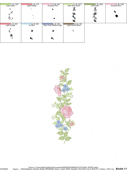 Roses embroidery designs - Flowers with butterflies machine embroidery pattern - Floral Divider Kitchen towel - Instant digital download pes