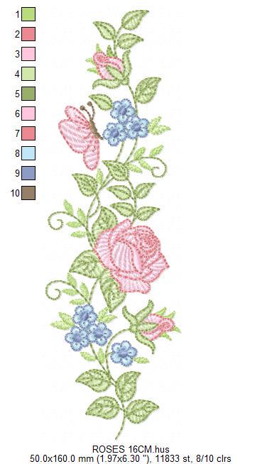 Roses embroidery designs - Flowers with butterflies machine embroidery pattern - Floral Divider Kitchen towel - Instant digital download pes