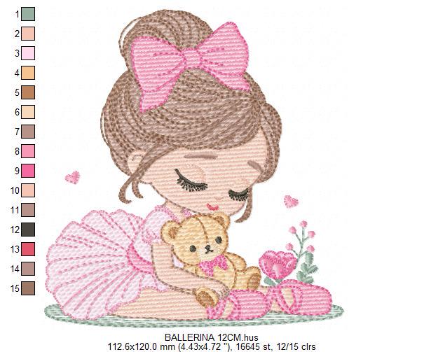 Baby girl Princess embroidery designs - Ballerina with teddy bear machine embroidery pattern - Ballet Dancer with flowers - Instant download