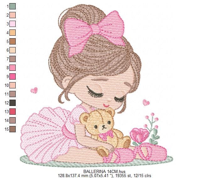 Baby girl Princess embroidery designs - Ballerina with teddy bear machine embroidery pattern - Ballet Dancer with flowers - Instant download