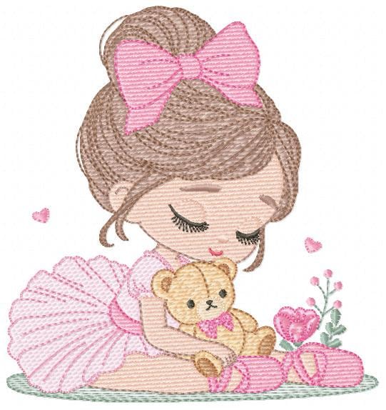Baby girl Princess embroidery designs - Ballerina with teddy bear machine embroidery pattern - Ballet Dancer with flowers - Instant download