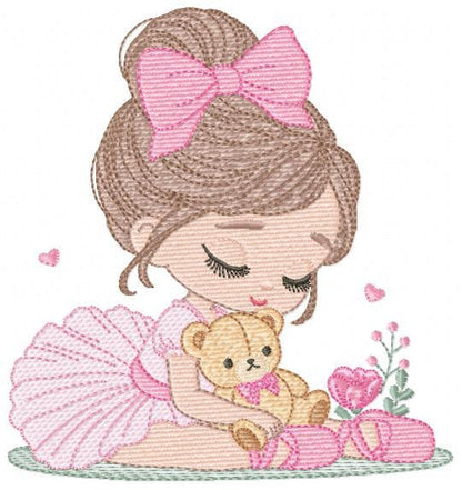 Baby girl Princess embroidery designs - Ballerina with teddy bear machine embroidery pattern - Ballet Dancer with flowers - Instant download