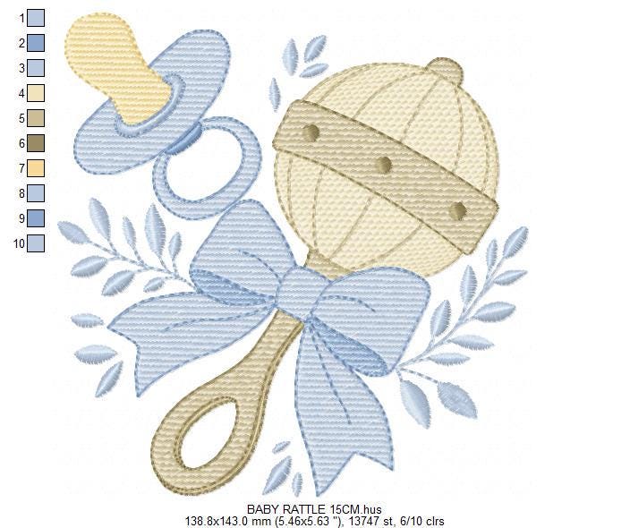 Baby Boy rattle and pacifier embroidery designs - Newborn toys machine embroidery pattern - Blue ribbon bow - Instant digital download pes