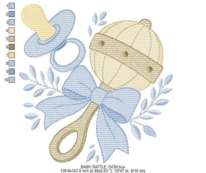 Baby Boy rattle and pacifier embroidery designs - Newborn toys machine embroidery pattern - Blue ribbon bow - Instant digital download pes